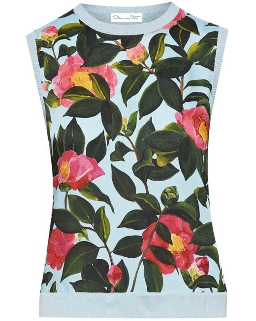 Oscar de la Renta Green Camellia Printed Tank Top