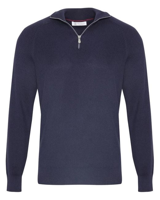 Brunello Cucinelli Blue Cotton English Rib Sweater With Half Zip And Raglan Sleeves for men