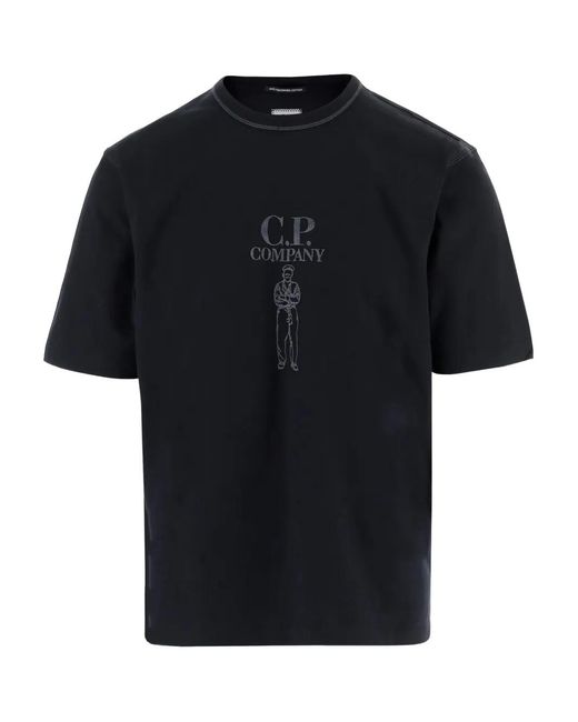 C P Company Black Mercerized Jersey 30/2 Twisted Short Sleeve Logo T-Shirt for men