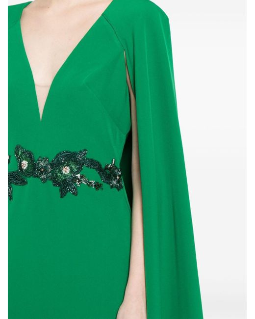 Marchesa Green Floral-appliqué Cape Gown
