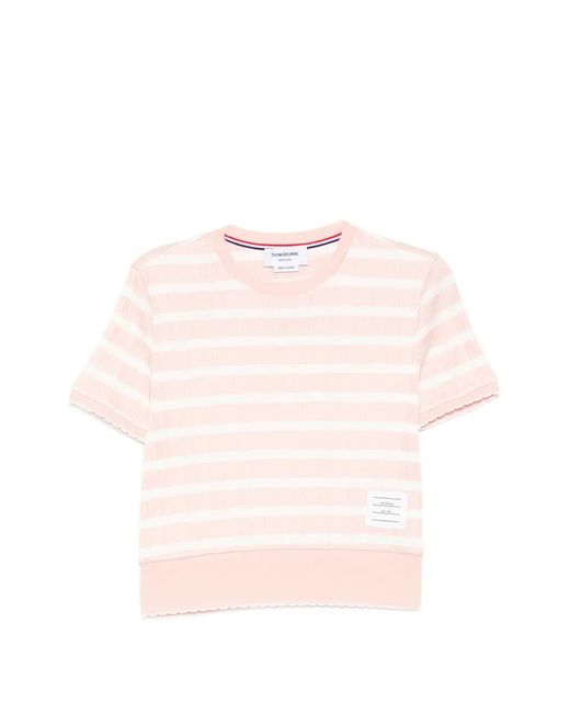 Thom Browne Pink Logo-Patched Striped T-Shirt