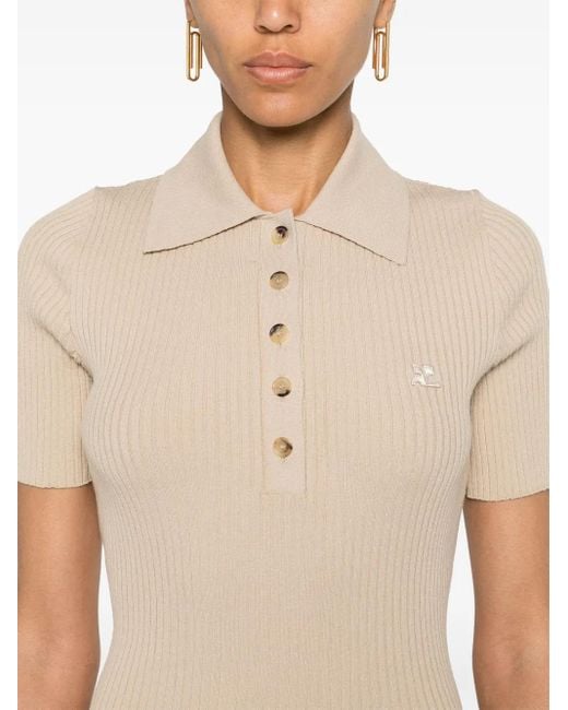 Courreges Natural Logo-Patch Ribbed Polo Top