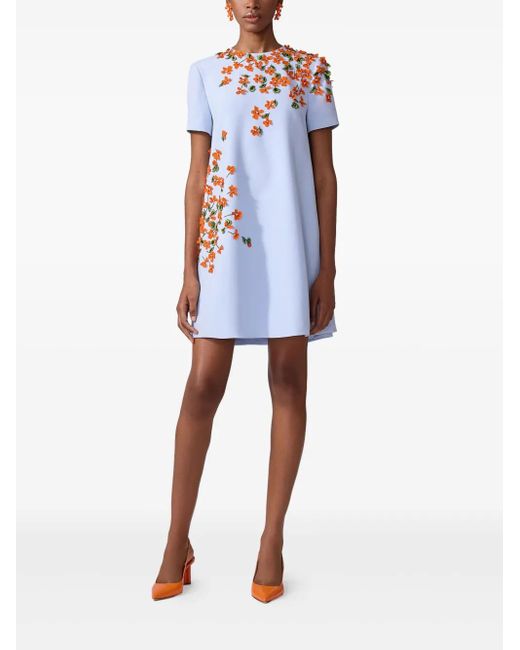 Carolina Herrera Blue Floral-Appliqué Mini Dress