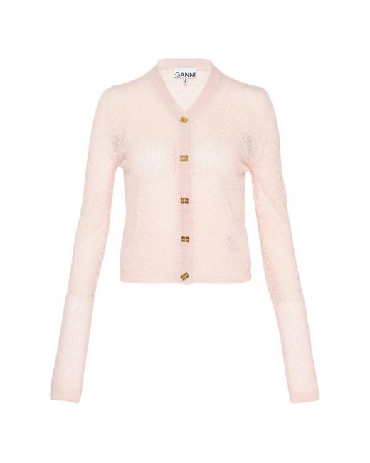 Ganni Pink Pointelle-Knit Cardigan