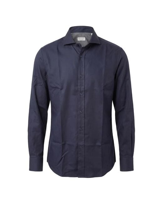 Brunello Cucinelli Blue Garment-Dyed Twill Shirt With Spread Collar for men