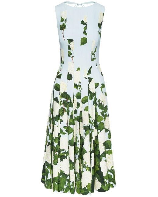 Oscar de la Renta Green Floral-print Pleated Midi Dress