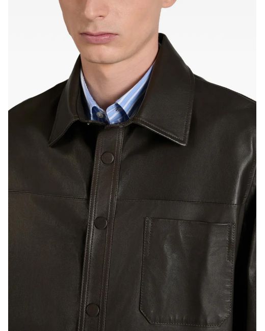 Montedoro Black Buttoned Leather Overshirt for men