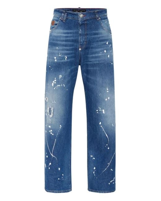 Philipp Plein Blue Beach Boy Fit Paint-Splatter Distressed Jeans for men