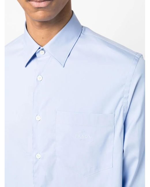 Prada Blue Logo-Embroidered Long-Sleeve Shirt for men