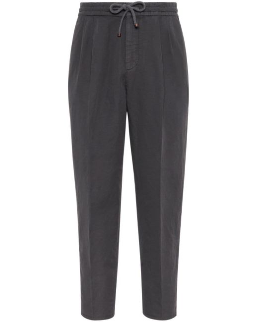 Brunello Cucinelli Gray Drawstring Pleated Tapered-Leg Trousers for men