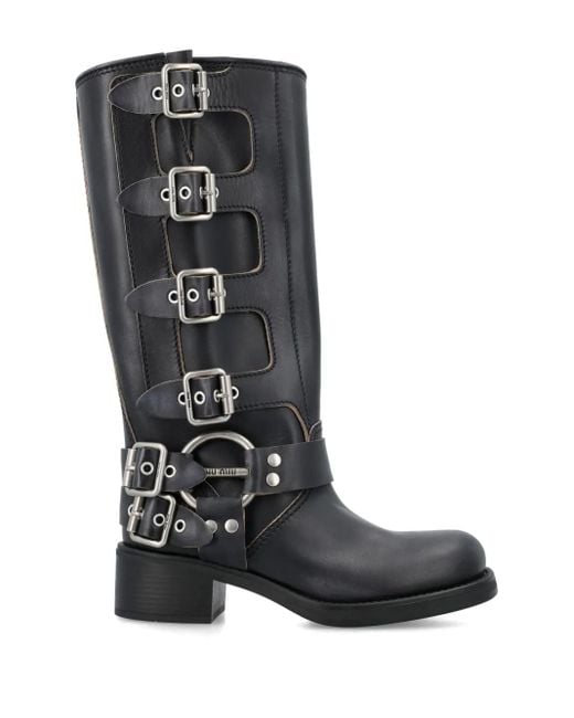 Miu Miu Black Kniehohe Stiefel Mit Schnalle