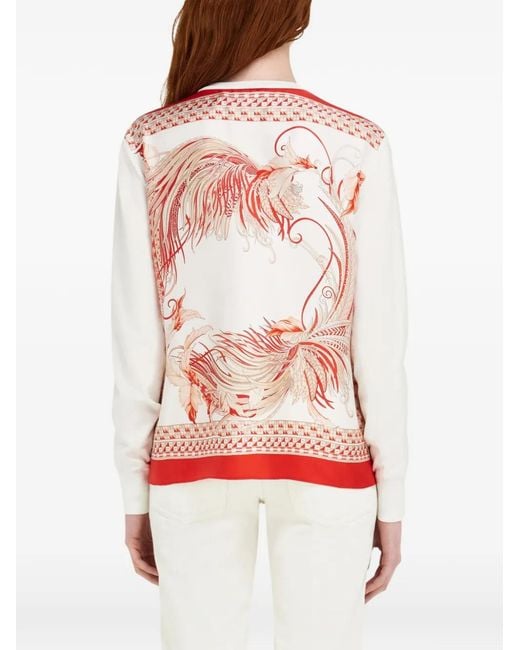 Ferragamo White Feather Show Print Crew-Neck Cardigan