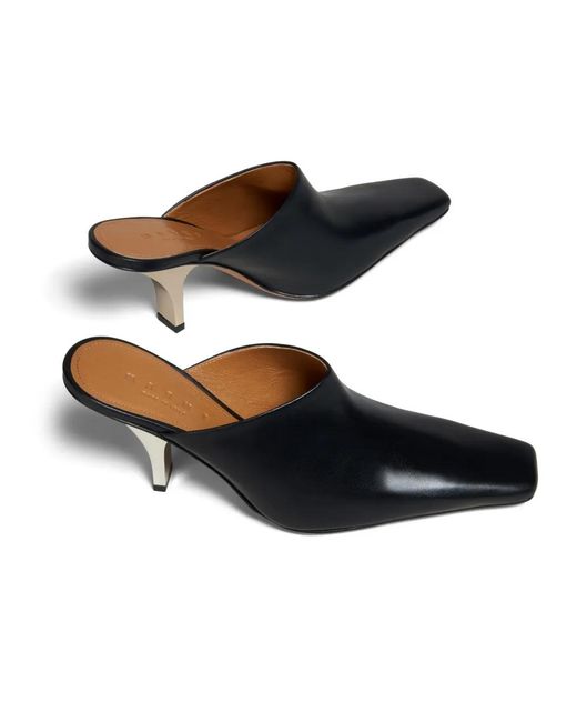 Marni Black Square-Toe Heeled Leather Mules