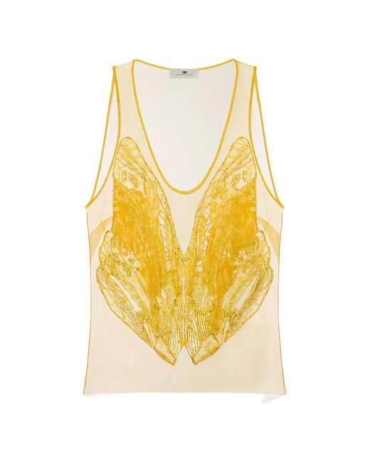 Elisabetta Franchi レディース イエロー エンブロイダリー Vネックトップ