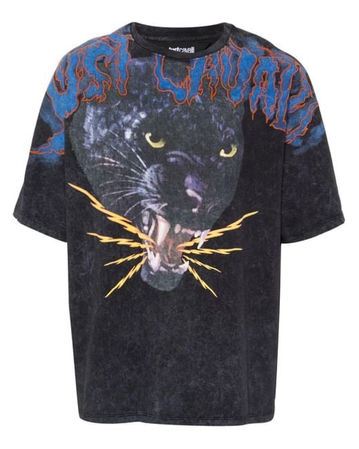 Just Cavalli Blue Panther-print T-shirt for men