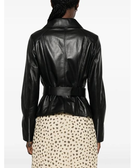 ADRIANNA FERETTI Black Belted Leather Biker Jacket