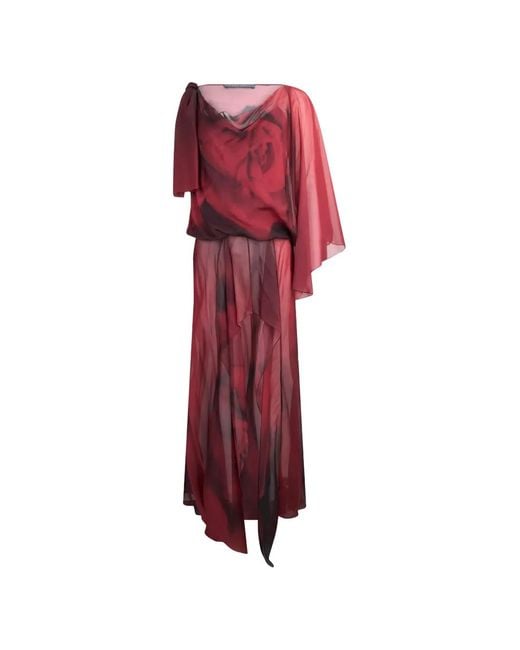 Alberta Ferretti Red Floral-Print Silk Maxi Dress