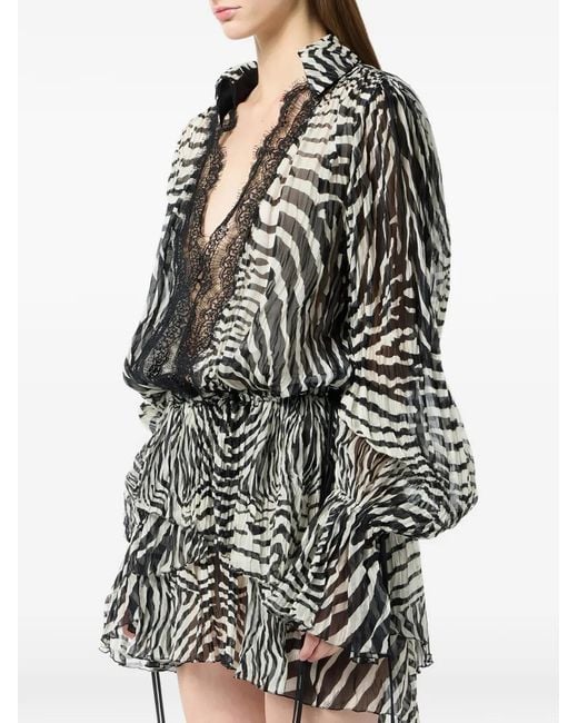 Blumarine Black Lace-Trim Zebra-Print Mini Dress