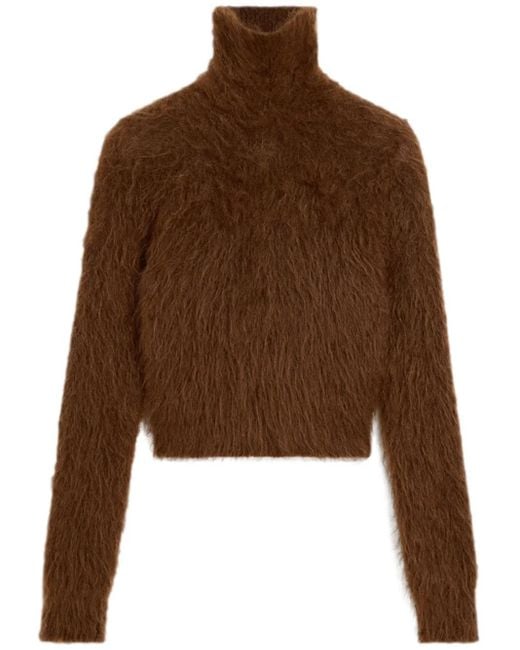 AMI Brown Brushed-Effect Roll-Neck Jumper