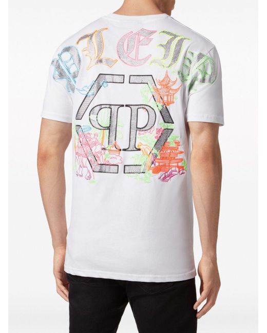 Philipp Plein White Embroidered Cotton T-shirt for men