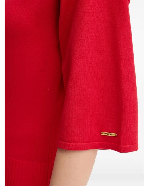 Twinset Red Turtleneck Quarter-Sleeve Midi Dress