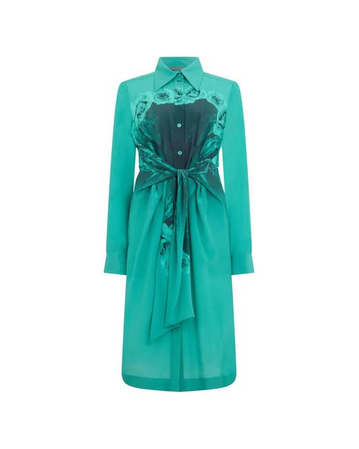 Alberta Ferretti Blue Rose-Print Belted Midi Shirt Dress