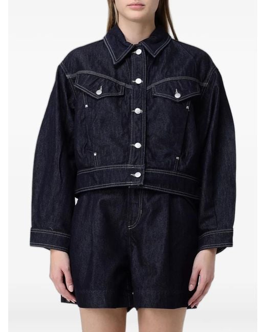Boss Blue Contrast-Stitch Cropped Denim Jacket