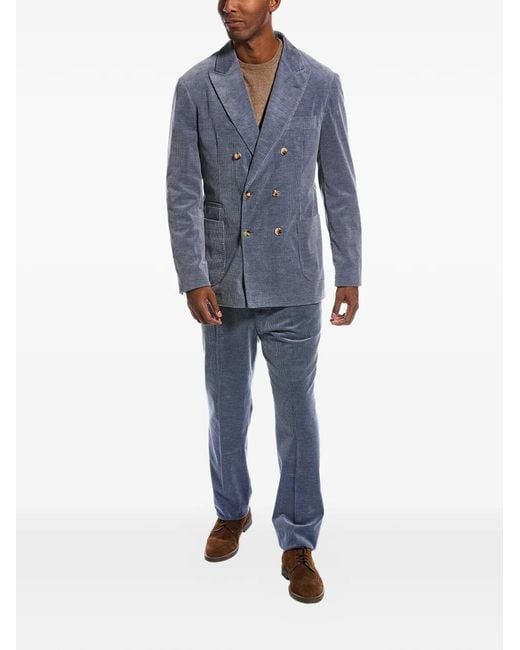 Brunello Cucinelli Blue Double-Breasted Corduroy Suit for men