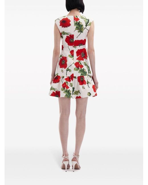 Oscar de la Renta Red Poppy-print Cotton Dress
