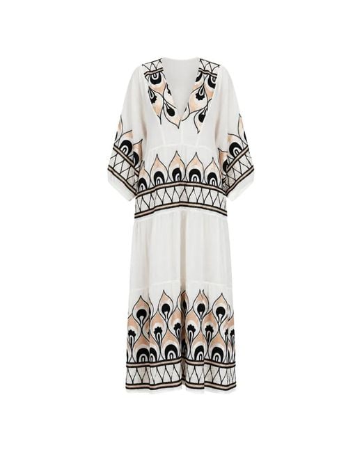 Greek Archaic Kori White Feather-Embroidered Tiered Midi Dress