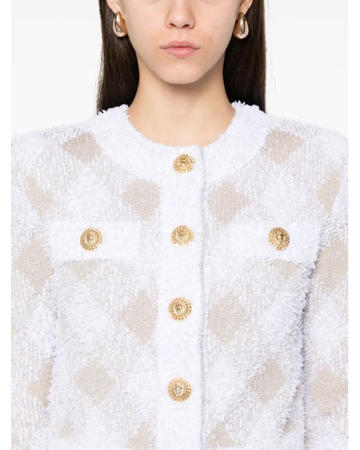 Balmain White Tweed-Jacke Mit Vichy-Karo