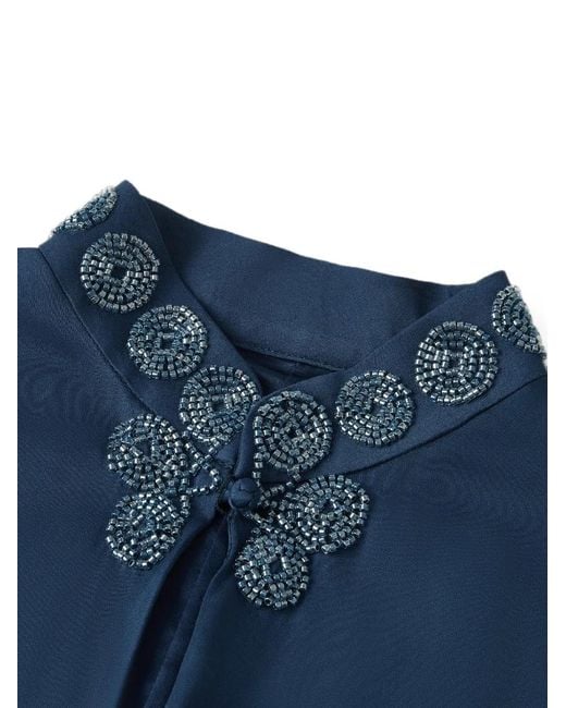 Shanghai Tang Blue Bead-Embellished Ruffled Qipao Dress