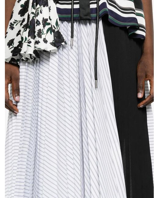 Sacai Black Striped Pleated Midi Skirt