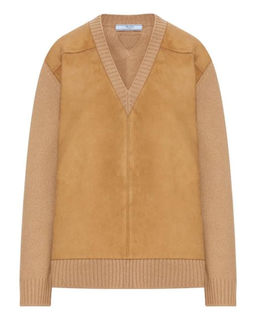 Prada Natural Pullover mit Wildledereinsätzen