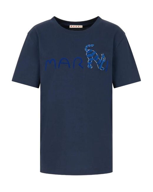 Marni Blue Flocked Logo Animal T-Shirt