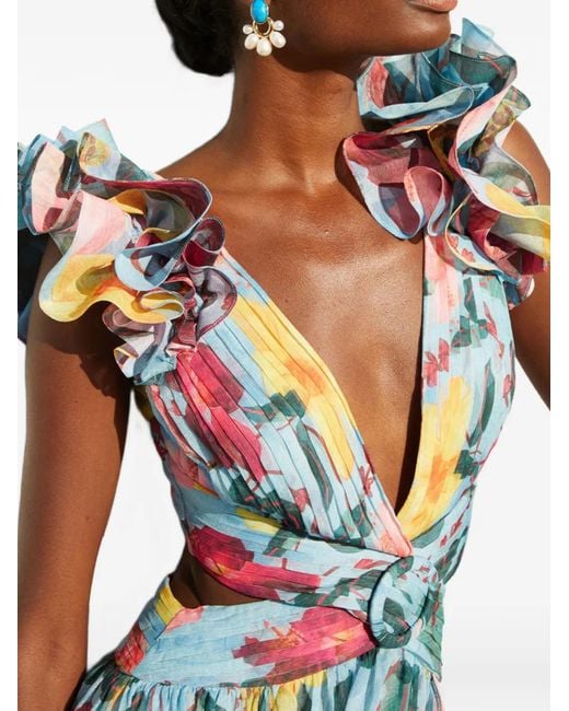 PATBO Blue Ruffled Floral Maxi Dress