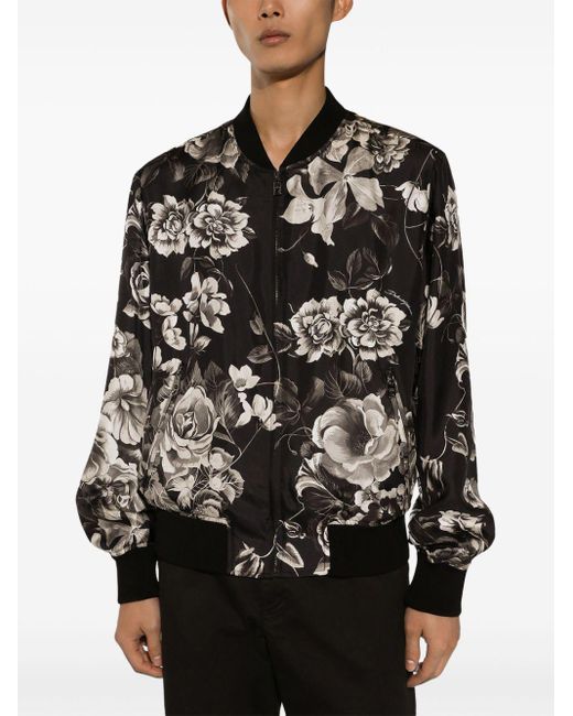 Dolce & Gabbana Black Floral-print Silk Bomber Jacket for men
