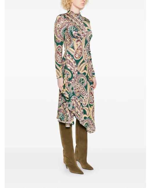 Etro White Paisley-Print Asymmetric Midi Dress