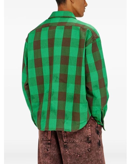 DIESEL Green Check Flannel Shirt With Distressed Effect for men