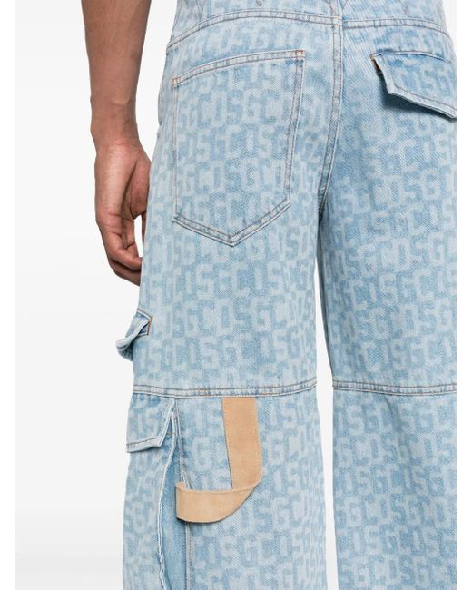 Gcds Blue Cargo Jeans With Logo Print for men