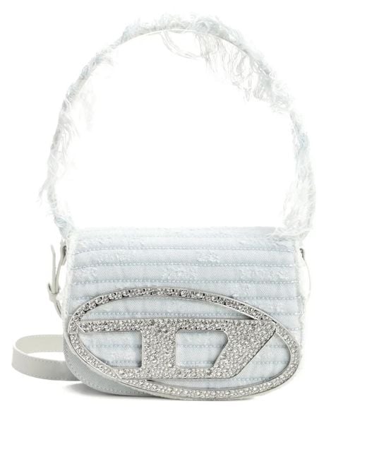 DIESEL White Quilted Fringed Handbag With Rhinestone Detail