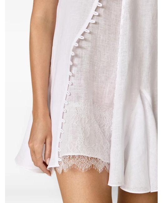 Pink White Lace-Trimmed Button-Front Mini Dress