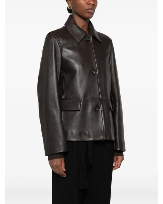 Totême Black Collared Grained-Leather Jacket
