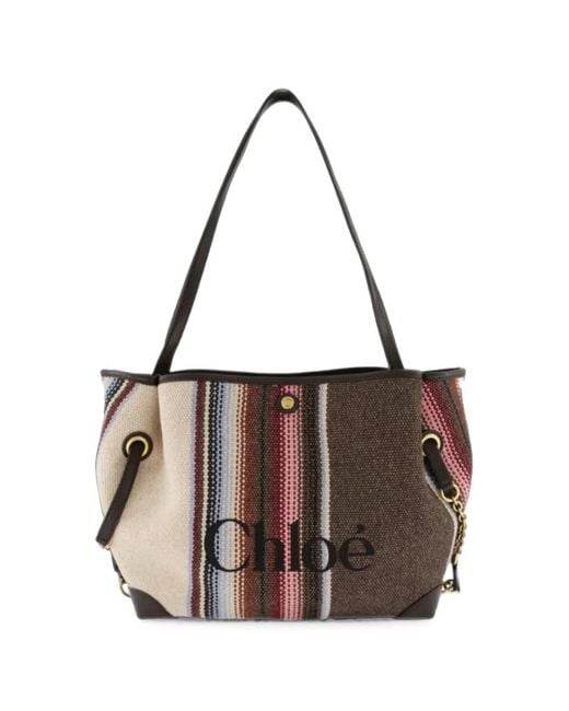 Chloé Brown Clover Logo-Print Striped Tote Bag