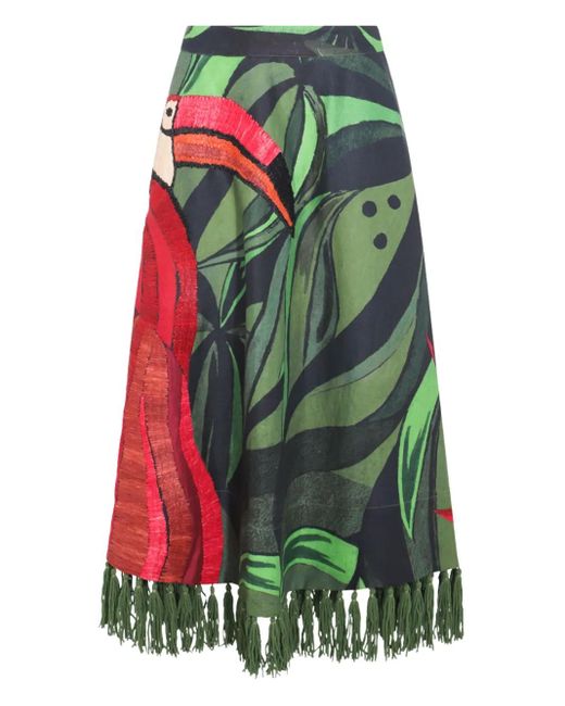 Farm Rio Green Flamingo-Embroidered Maxi Skirt