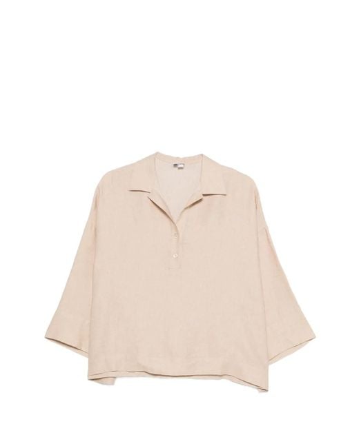 Eleventy Natural Spread-Collar Short-Sleeve Blouse