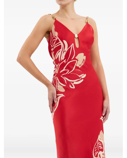 Rebecca Vallance Red Tallara Chain-Embellished Floral Maxi Dress