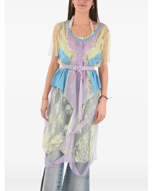 Maison Margiela Blue Lace-Paneled Belted Dress