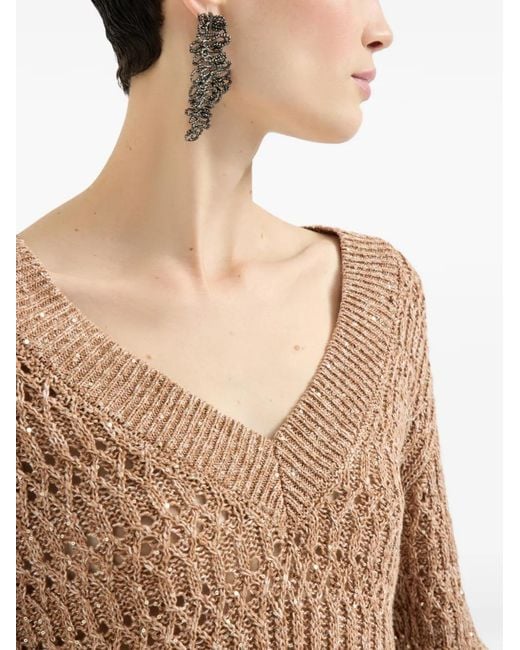 Brunello Cucinelli Natural Pullover mit V-Ausschnitt