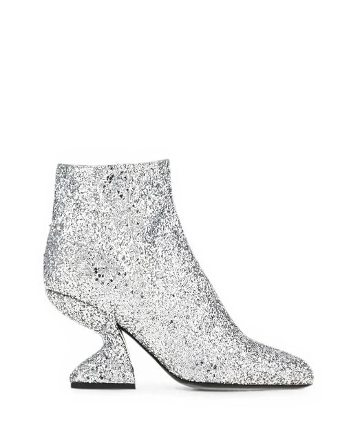 Ferragamo White Glitter-Effect Sculpted-Heel Ankle Boots